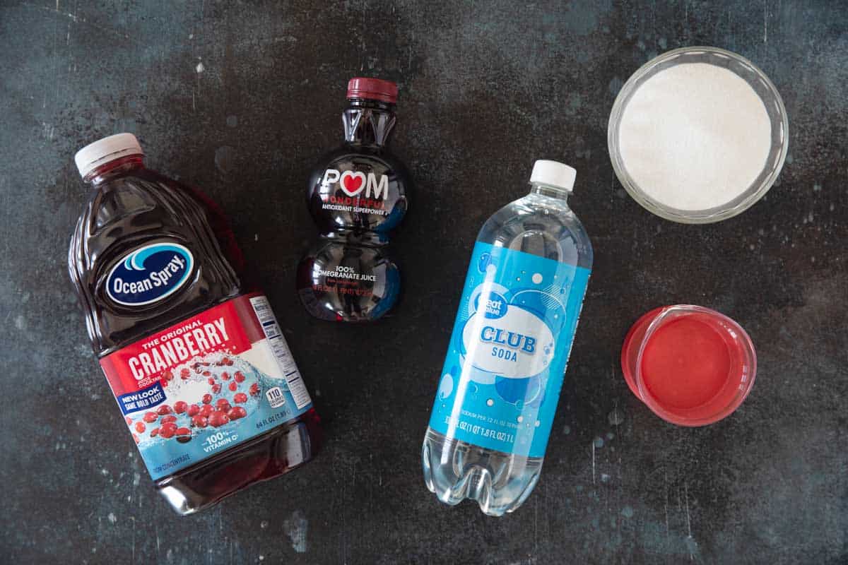 Ingredients to make Virgin Pomegranate and Cranberry Bellini.