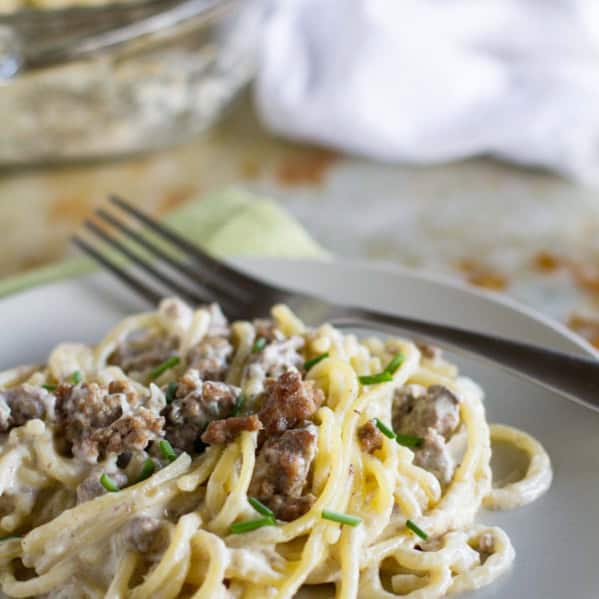 Serving of Beef and Blue Cheese Spaghetti on a plate with a fork.