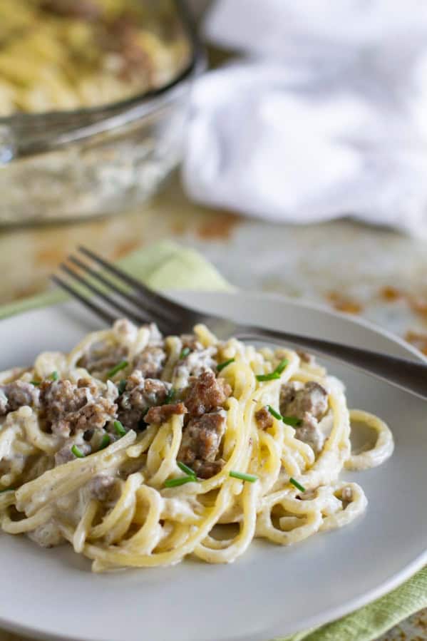 Serving of Beef and Blue Cheese Spaghetti on a plate with a fork.