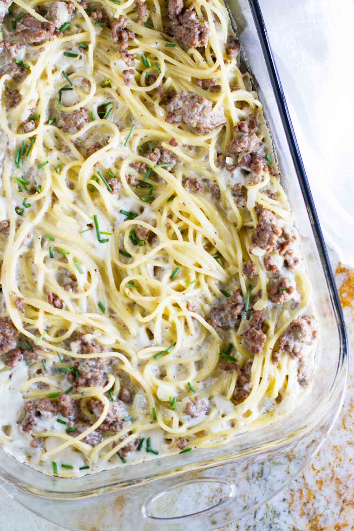 Casserole dish with Beef and Blue Cheese Baked Spaghetti