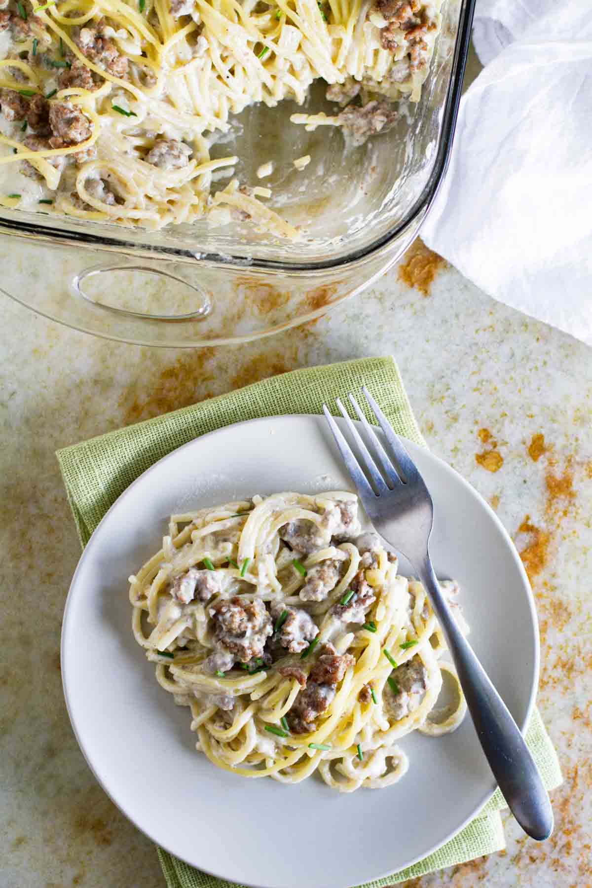 Serving of Beef and Blue Cheese Baked Spaghetti on a plate.