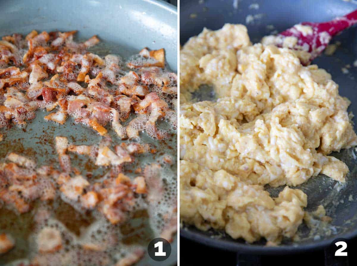 Collage showing cooking bacon and scrambling eggs.