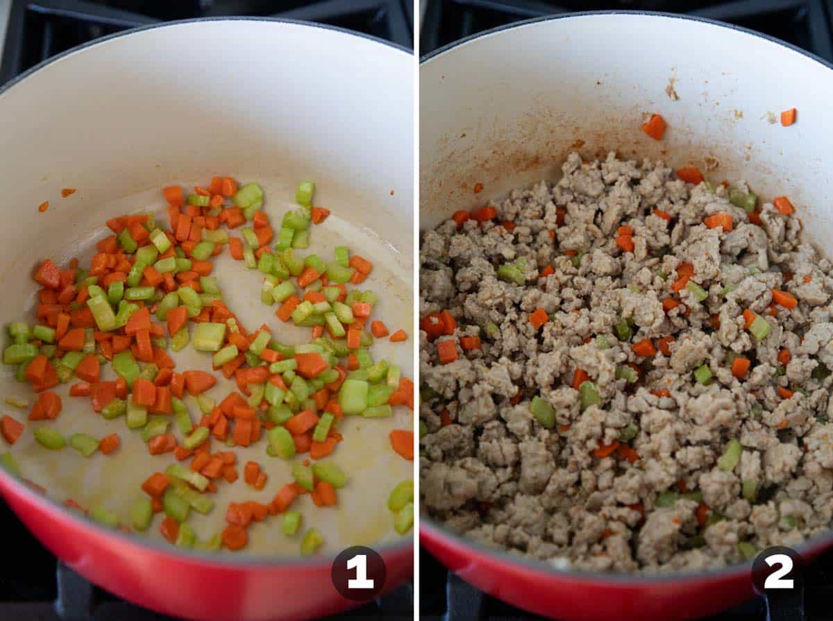 Cooking vegetables and ground chicken for Buffalo Chicken Chili.