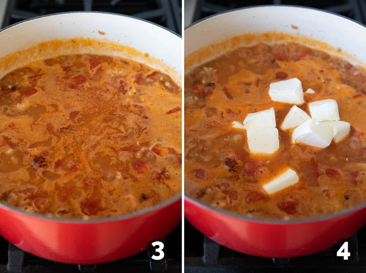 Mixing ingredients and adding cream cheese to Buffalo Chicken Chili.