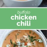 Buffalo Chicken Chili collage with text bar in the middle.