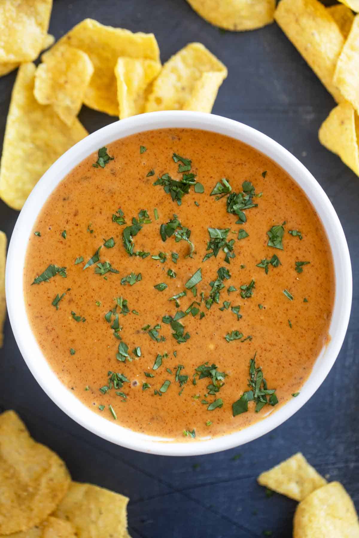 Bowl of Chili's Queso Dip topped with cilantro.