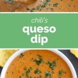 Chili's Queso Dip collage with text bar in the middle.