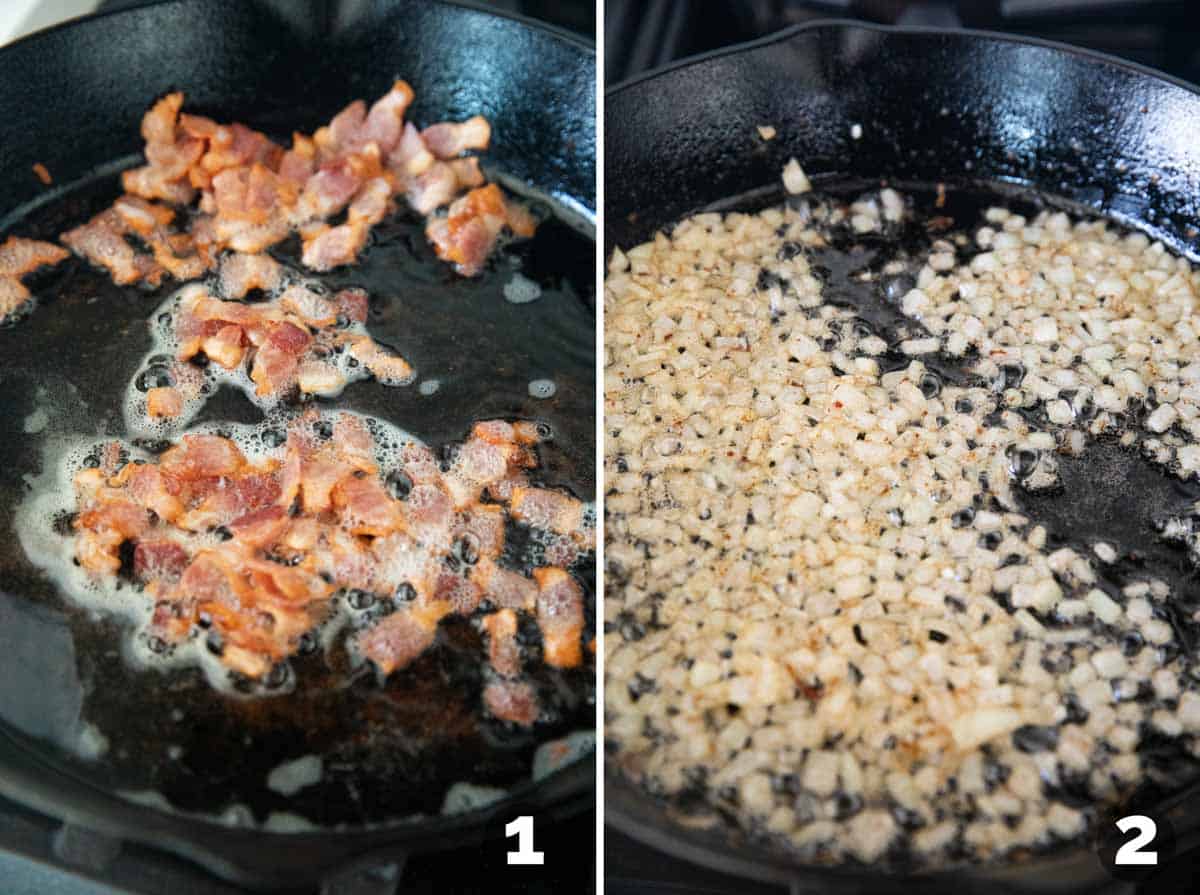 Cooking bacon and onions for Creamy Corn and Bacon.