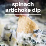 Crockpot Spinach Artichoke Dip with text overlay.