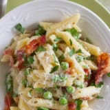 One Pan Pasta with Bacon and Peas with text overlay.