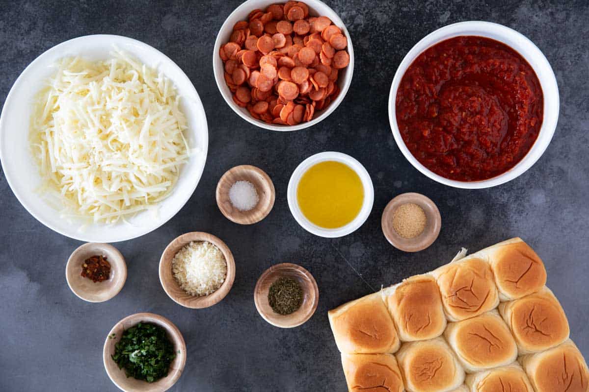 Ingredients for Pepperoni Pizza Sliders.