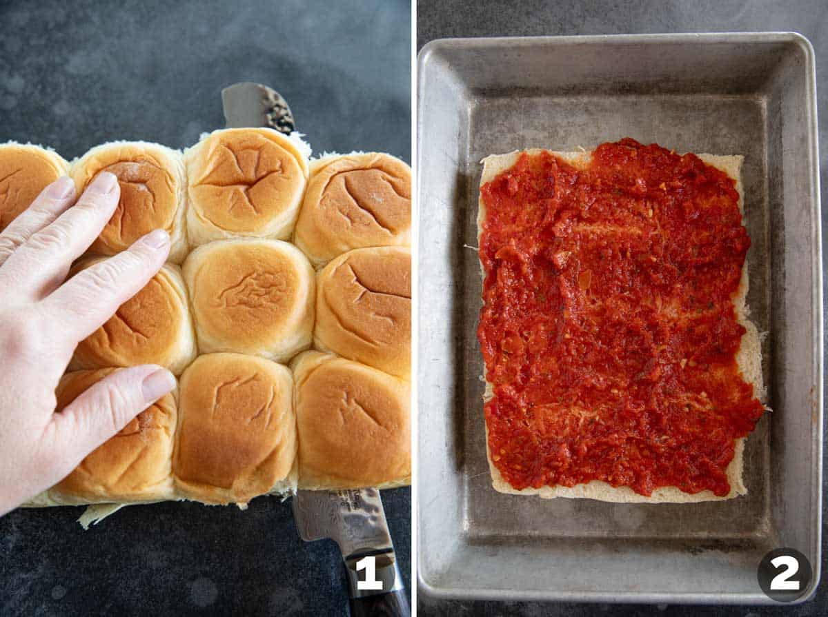 Cutting rolls in half and adding pizza sauce for pepperoni pizza sliders.