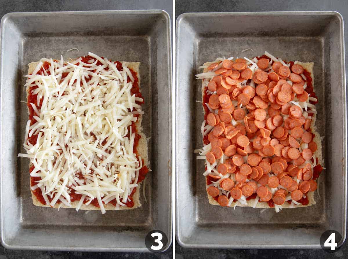 Layering cheese and pepperoni for pepperoni pizza sliders.