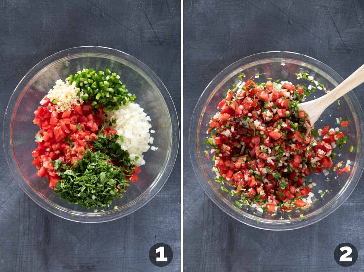 Combining ingredients into a bowl for Pico de Gallo.