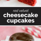 Red Velvet Cheesecake Cupcakes collage with text bar in the middle.