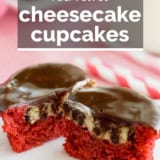 Red Velvet Cheesecake Cupcakes with text overlay.