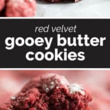 Red Velvet Gooey Butter Cookies collage with text bar in the middle.