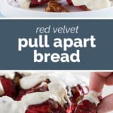 Red Velvet Pull Apart Bread collage with text bar in the middle.