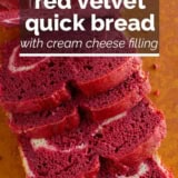 Red Velvet Quick Bread with Cream Cheese Filling with text overlay.