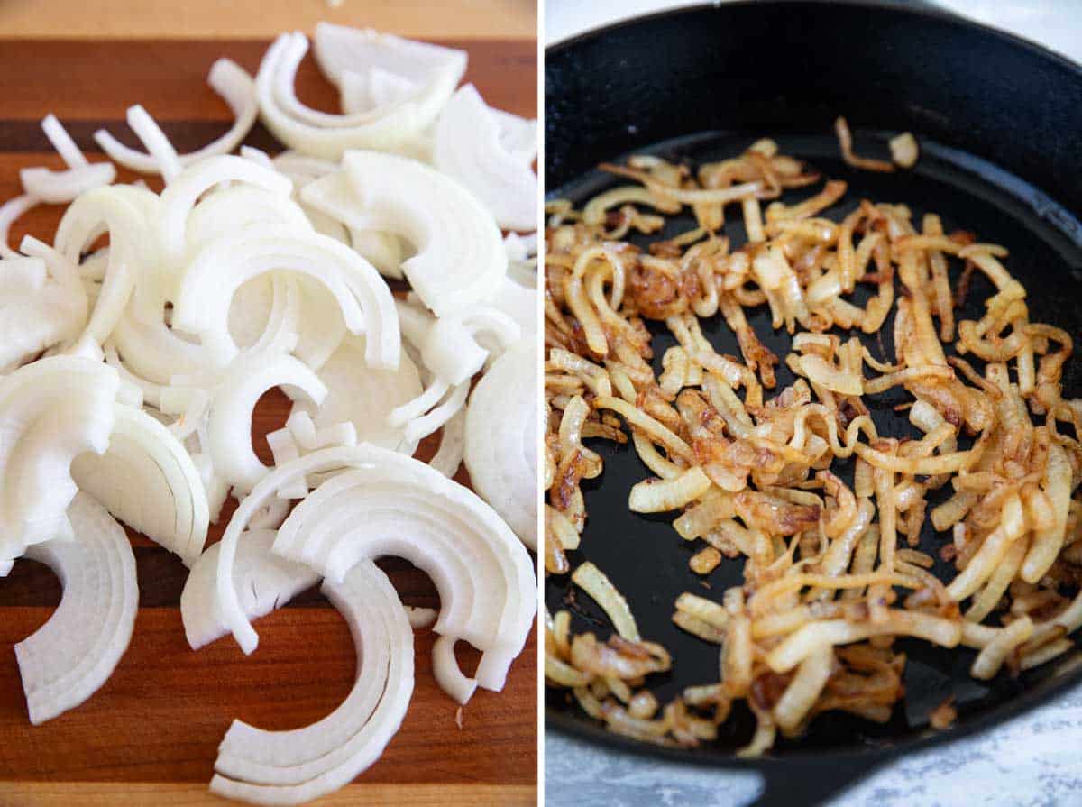 sliced onions before and after being caramelized.