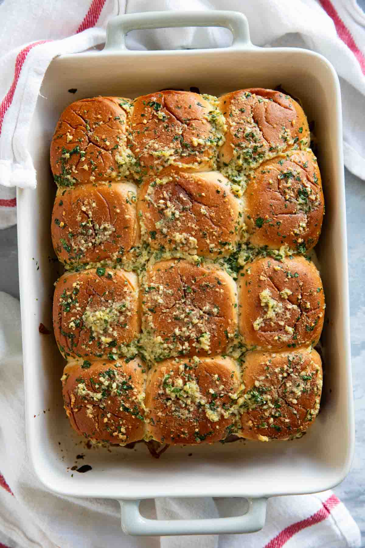 Roast Beef Sliders in a baking dish.