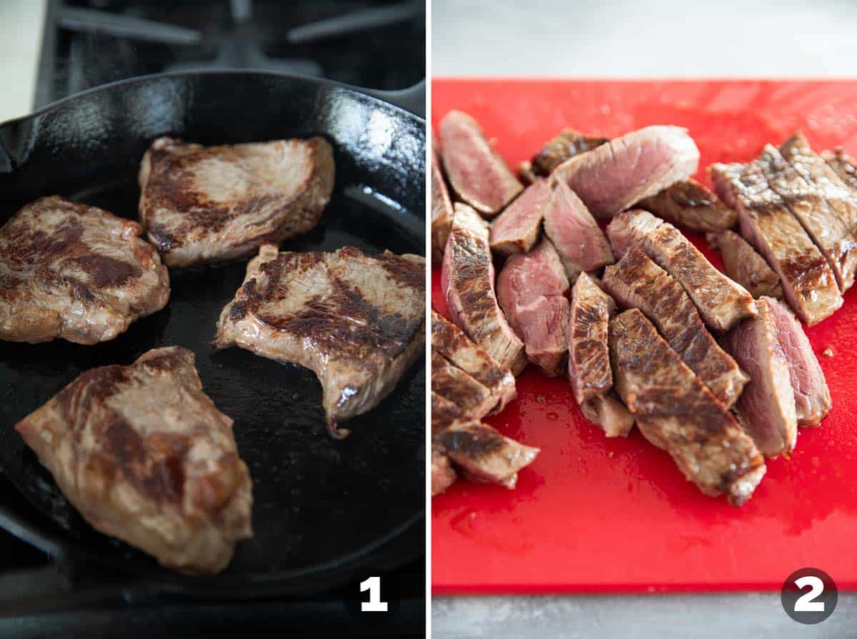 Browning steak and cutting into slices for Slow Cooker Pepper Steak.