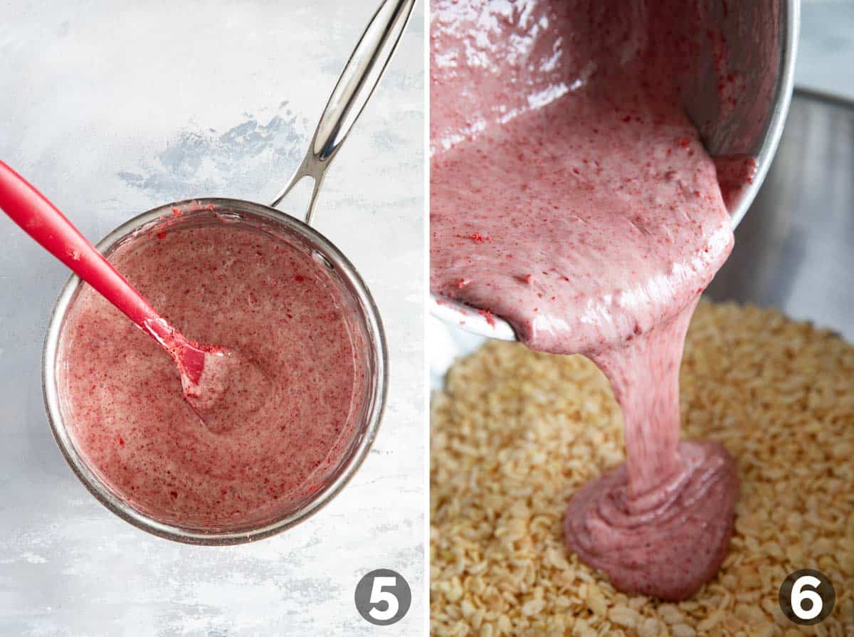 Mixing freeze dried strawberries into marshmallow mixture, then mixing into crisp rice cereal.