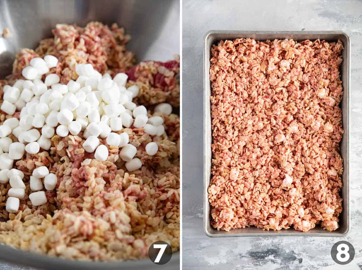 Mixing marshmallows into strawberry Rice Krispie treats, and placing mixture into a baking dish.