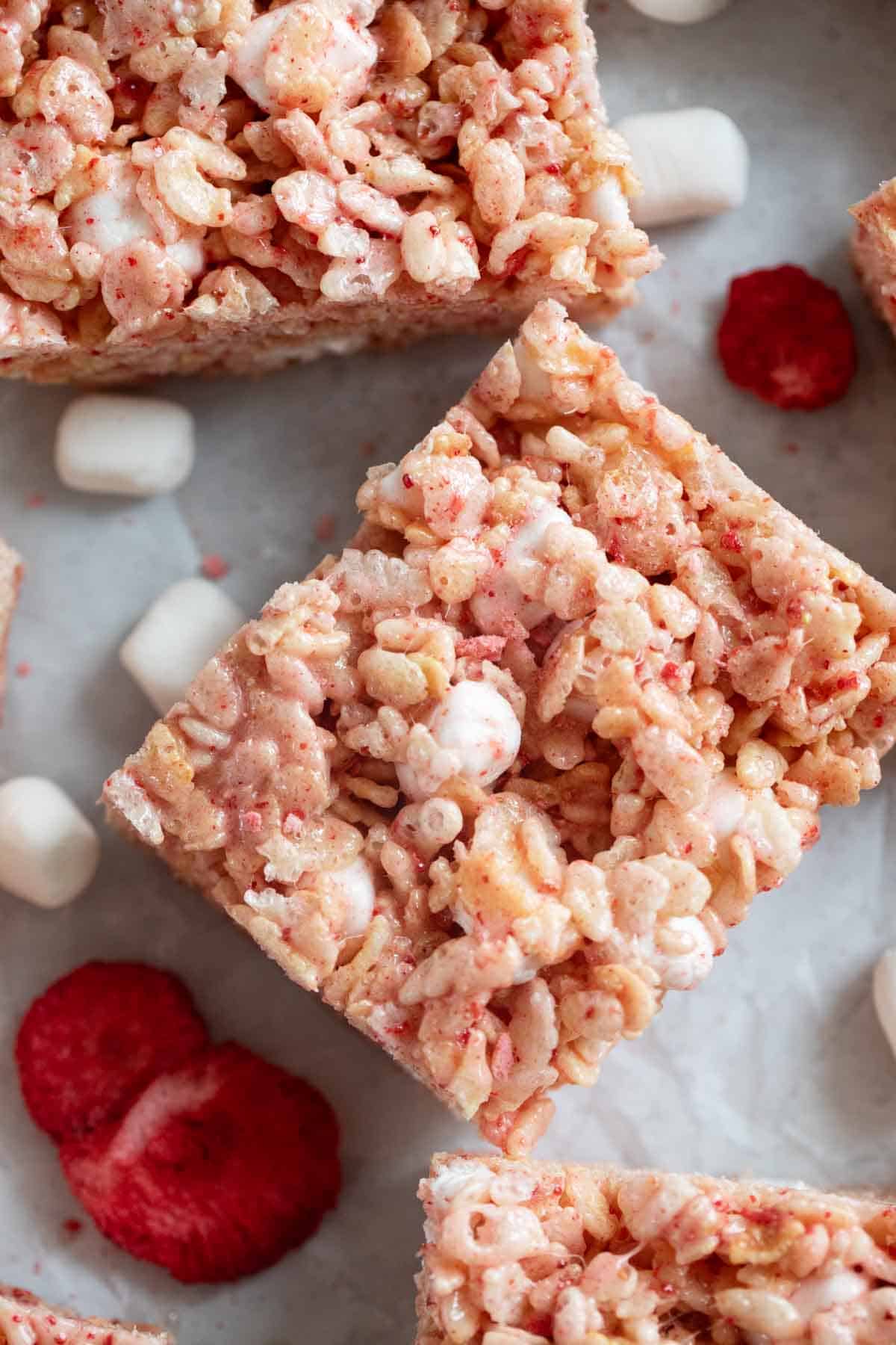 Strawberry Rice Krispie Treats with freeze dried strawberries.