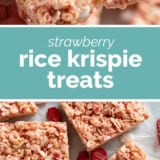 Strawberry Rice Krispie Treats collage with text bar in the middle.