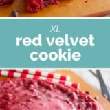 XL Red Velvet Cookie collage with text bar in the middle.