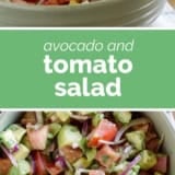 Avocado and Tomato Salad collage with text bar in the middle.