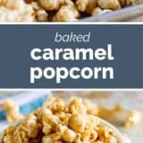 Baked Caramel Popcorn college with text bar in the middle.