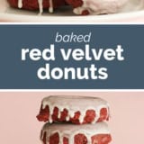 Baked Red Velvet Donuts collage with text bar in the middle.