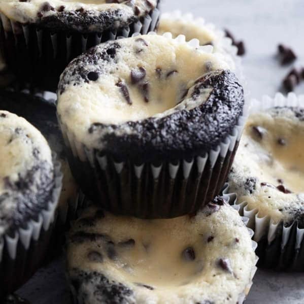 Black Bottom Cupcakes stacked on top of each other.