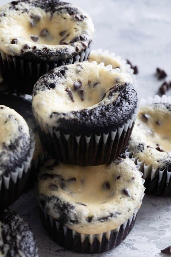 Black Bottom Cupcakes stacked on top of each other.