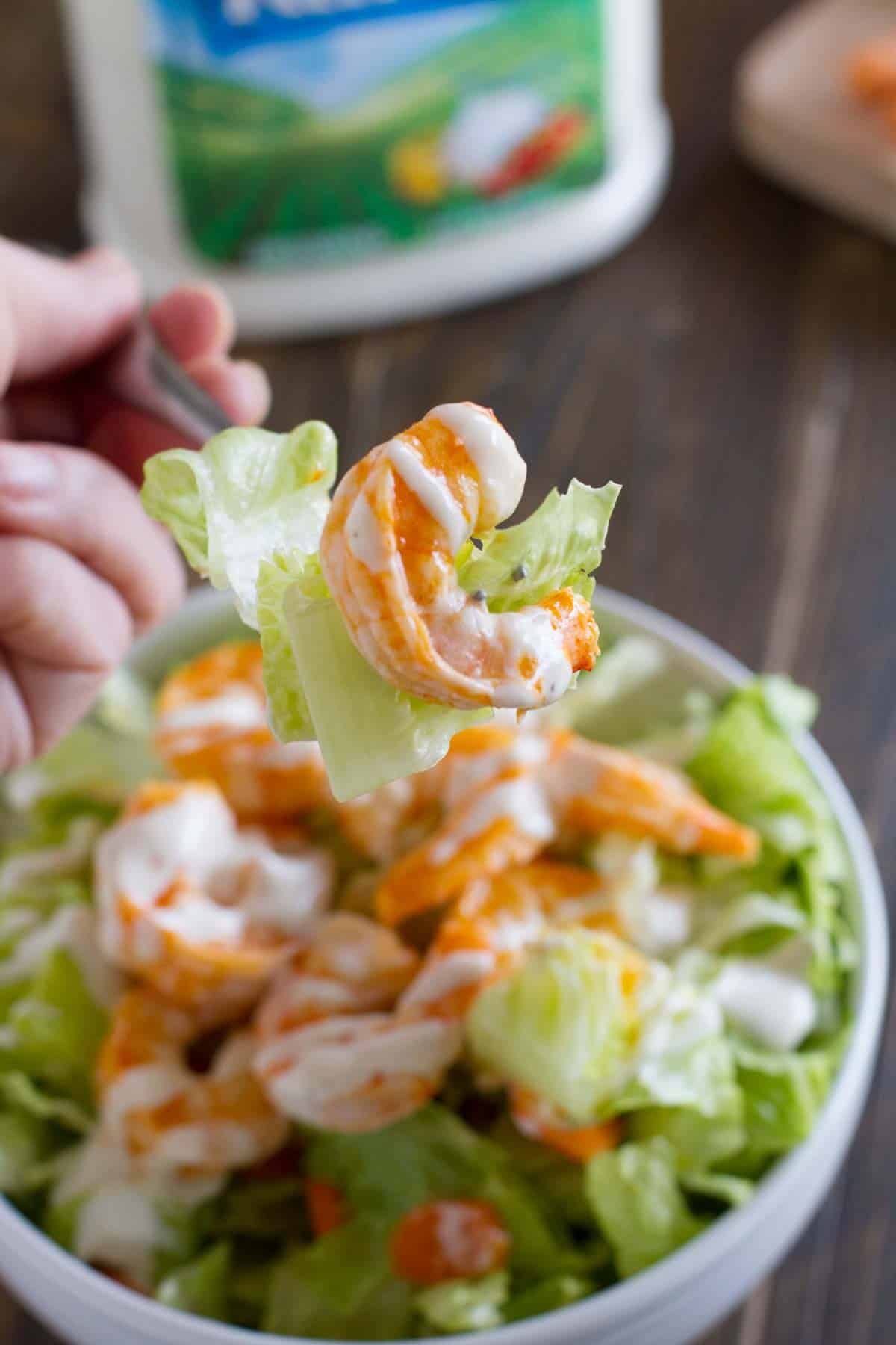 Bite of Buffalo Ranch Shrimp Salad on a fork.