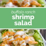 Buffalo Ranch Shrimp Salad collage with text bar in the middle.