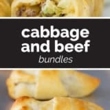 Cabbage and Beef Bundles collage with text bar in the middle.