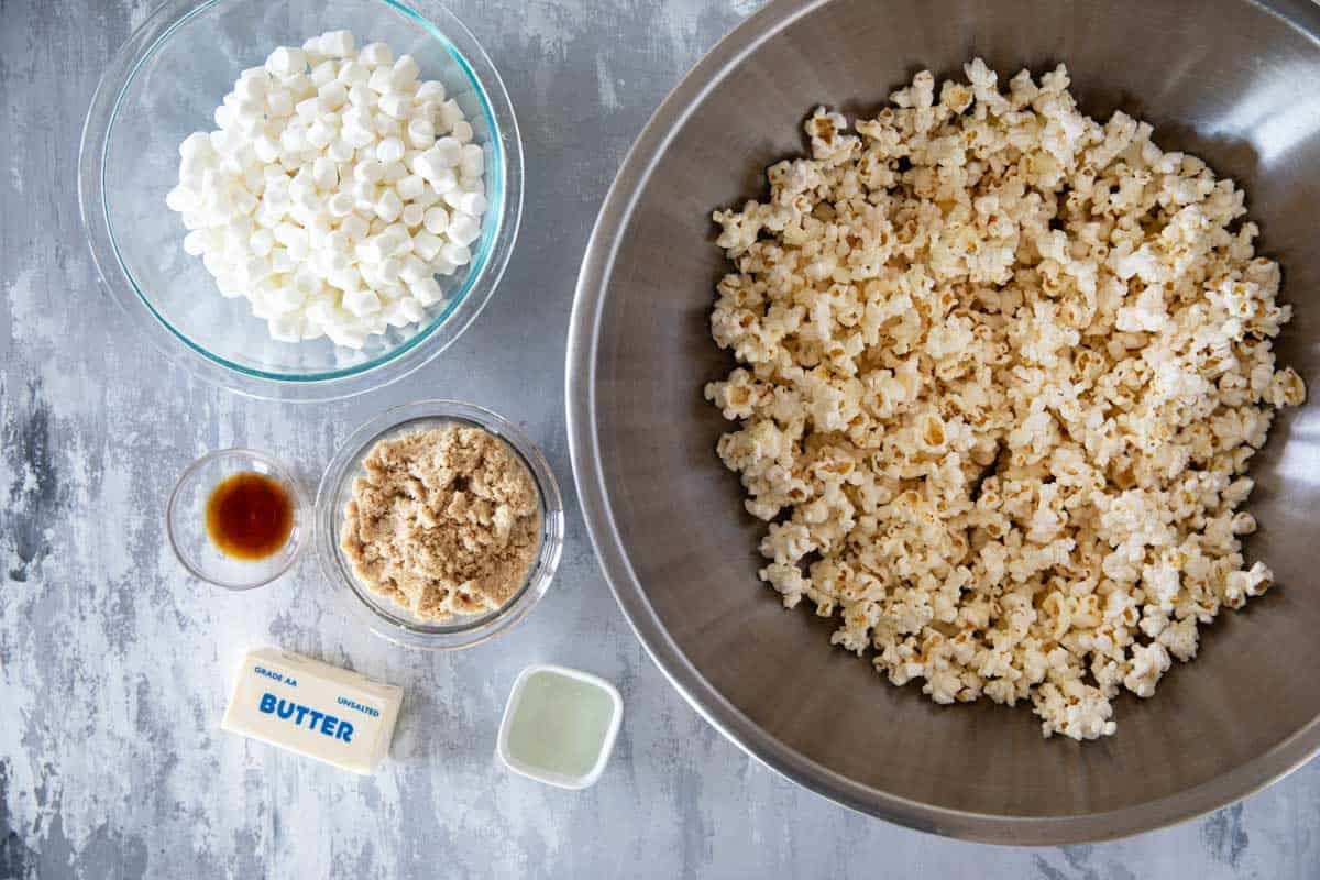 Ingredients for Caramel Marshmallow Popcorn.