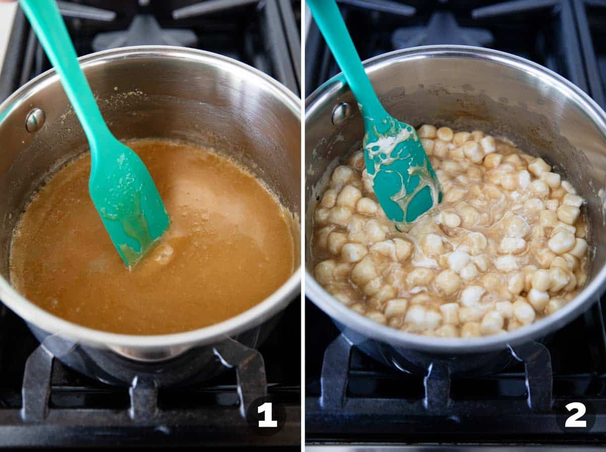 Making caramel sauce and adding marshmallows.