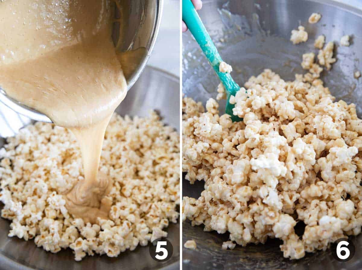 Adding caramel marshmallow sauce to popcorn and mixing it in.