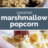 Caramel Marshmallow Popcorn collage with text bar in the middle.