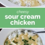 Cheesy Sour Cream Chicken collage with text bar in the middle.