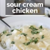 Cheesy Sour Cream Chicken with text overlay.