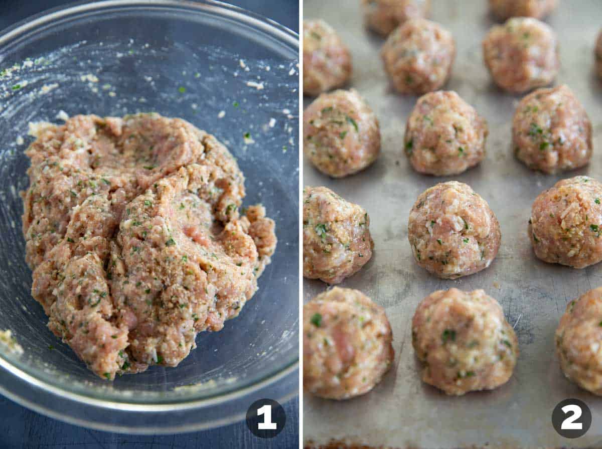 Mixing ingredients and shaping into meatballs.