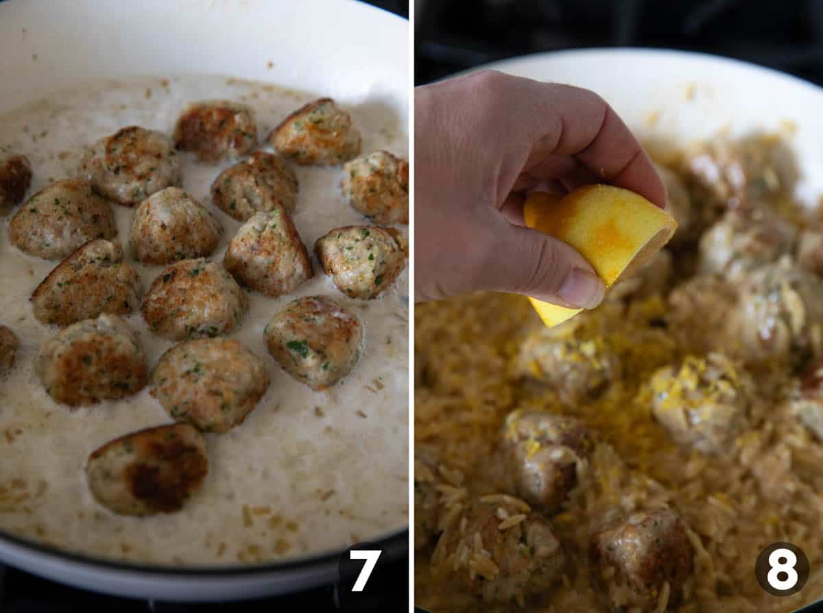 Cooking meatballs in orzo and adding lemon juice and zest.