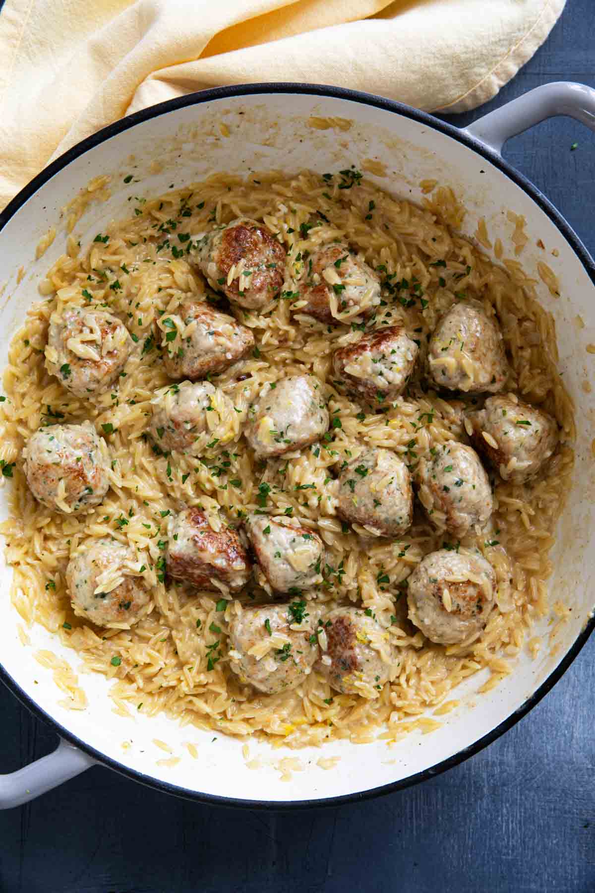 One pan meal - chicken meatballs with creamy lemon orzo.