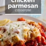 Chicken Parmesan Casserole with text overlay.