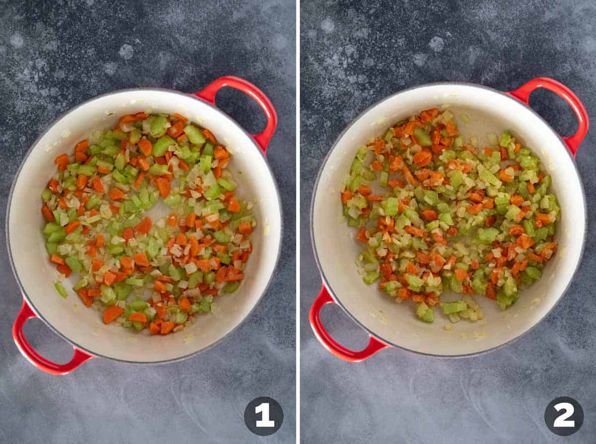 Cooking vegetables for chicken stew.